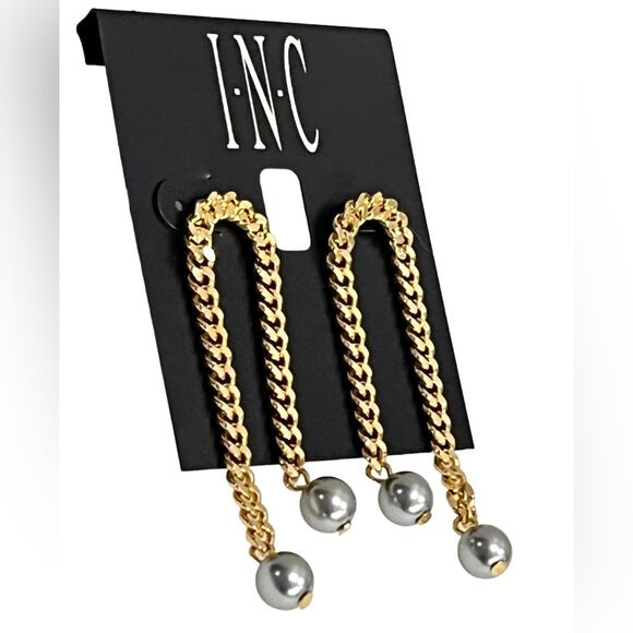 NEW INC Gray Ball TOWER EARRINGS Gold Link Chain 2.5” Dangle Drop Posts On Card! - Picture 1 of 4